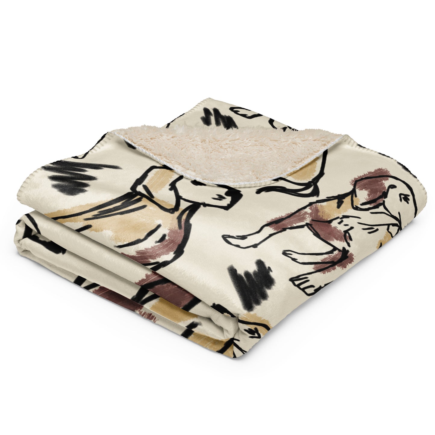 Cream sherpa blanket featuring illustrated dogs in gray, brown, and labrador patterns surrounded by geometric patterns, luxury dog lover home décor by Pets N’ Faith.