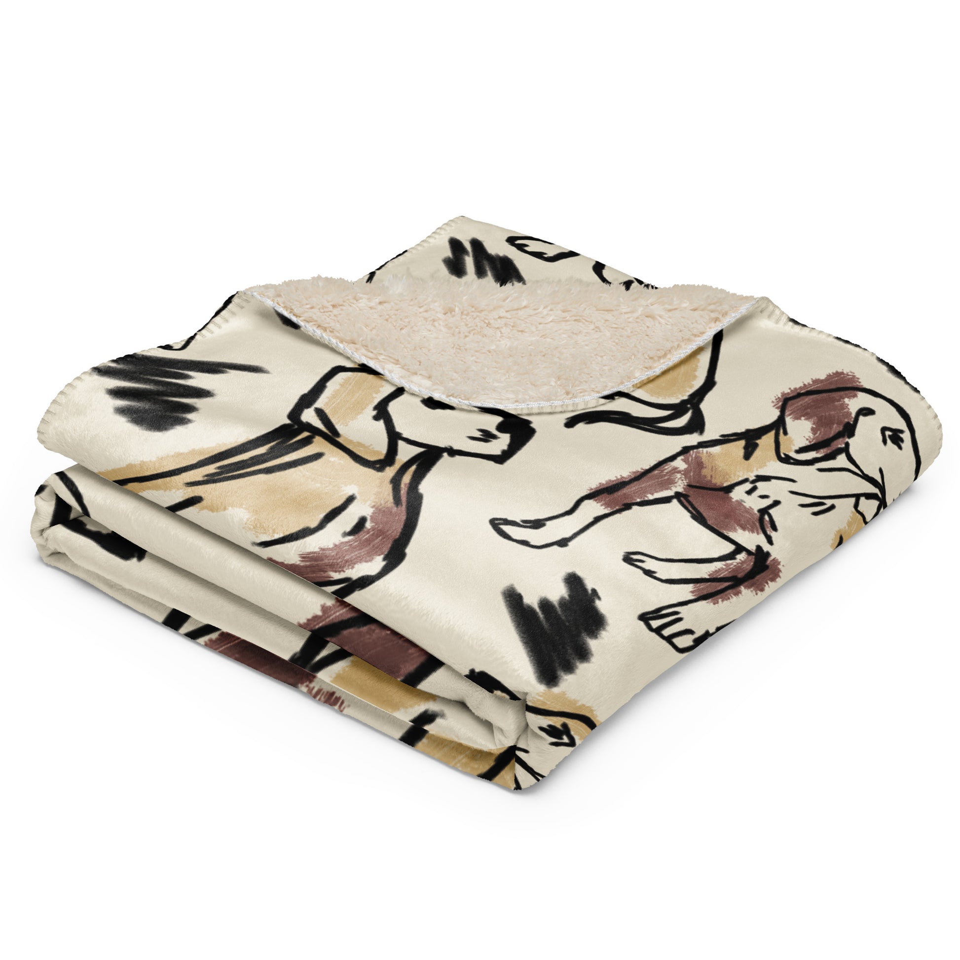 Cream sherpa blanket featuring illustrated dogs in gray, brown, and labrador patterns surrounded by geometric patterns, luxury dog lover home décor by Pets N’ Faith.
