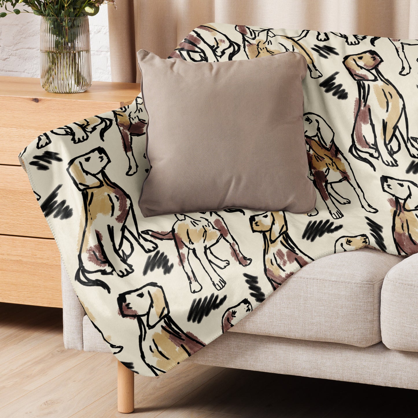 Cream sherpa blanket featuring illustrated dogs in gray, brown, and labrador patterns surrounded by geometric patterns, luxury dog lover home décor by Pets N’ Faith.