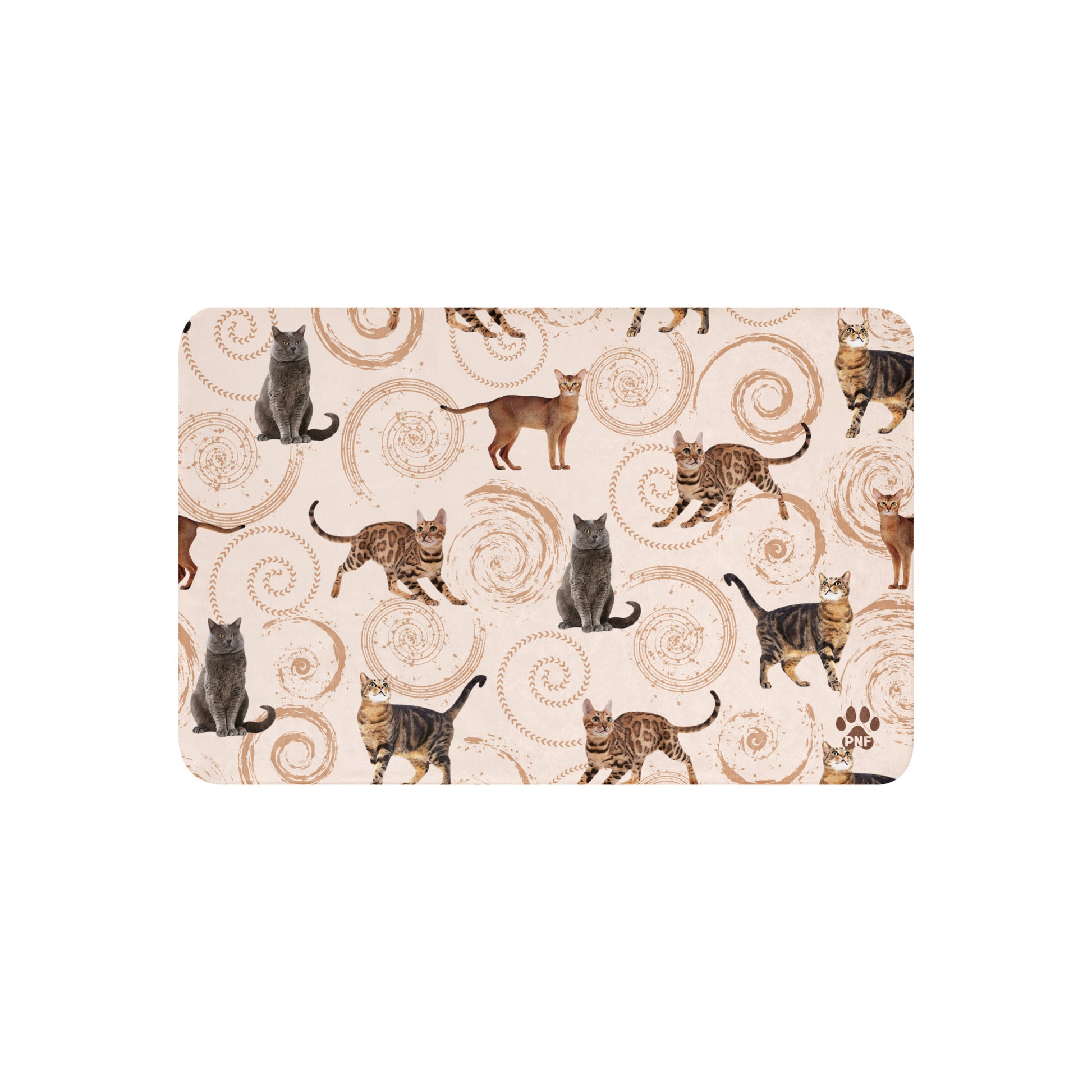Cream sherpa blanket featuring illustrated cats in gray, brown, and tabby patterns surrounded by spiral swirls, luxury cat lover home décor by Pets N’ Faith.
