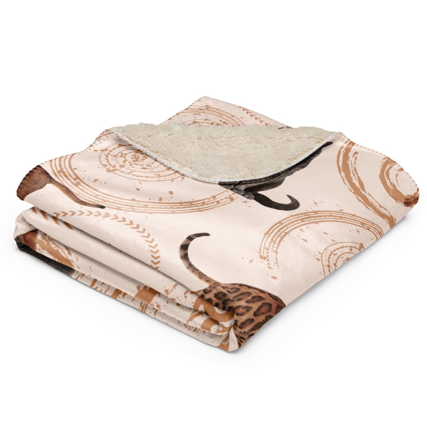 Cream sherpa blanket featuring illustrated cats in gray, brown, and tabby patterns surrounded by spiral swirls, luxury cat lover home décor by Pets N’ Faith.