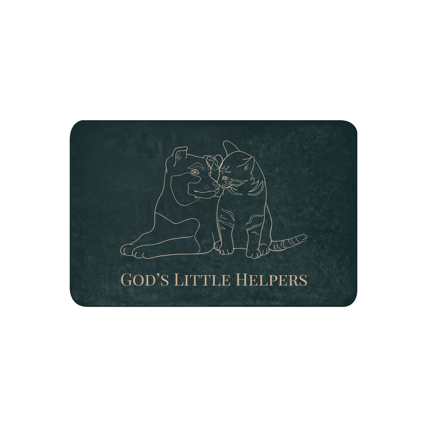 Black doormat with line drawing of two animals and 'God's Little Helpers' text on a white background