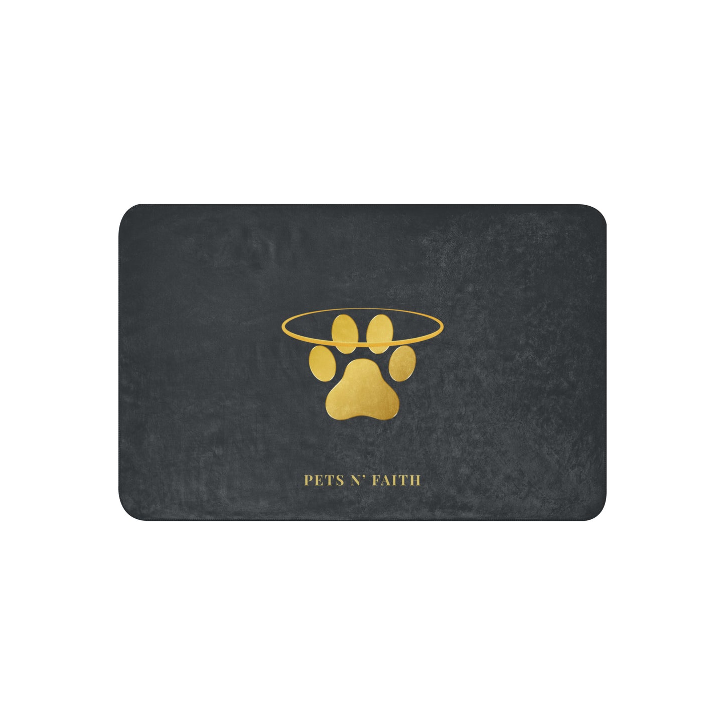 Black mat with gold paw print design and 'Pets N' Faith' text on a white background