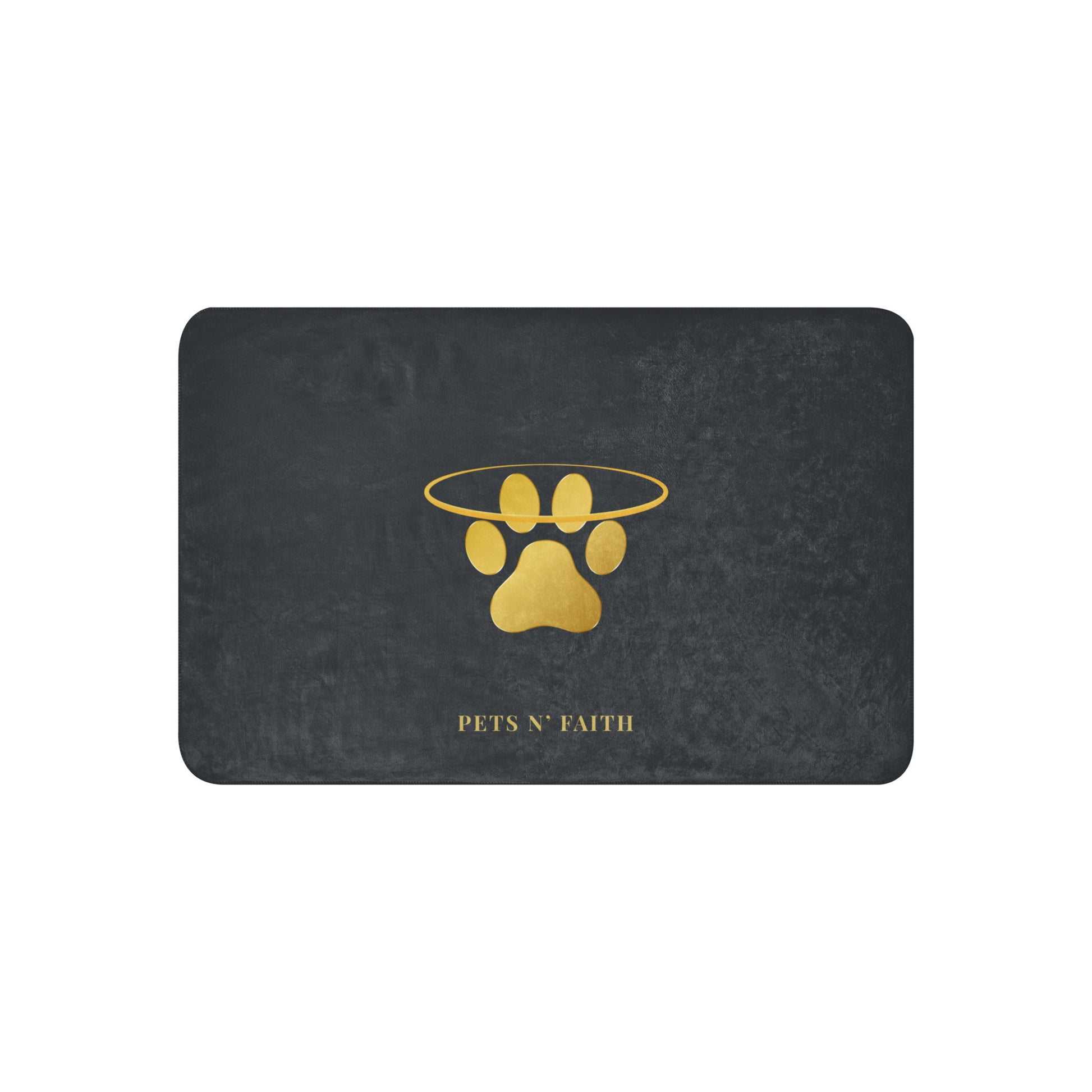 Black mat with gold paw print design and 'Pets N' Faith' text on a white background