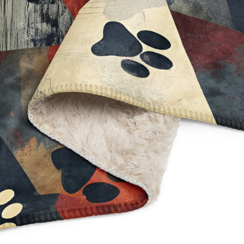 Close view of an abstract geometric shaped sherpa blanket with a cross and paw print design.