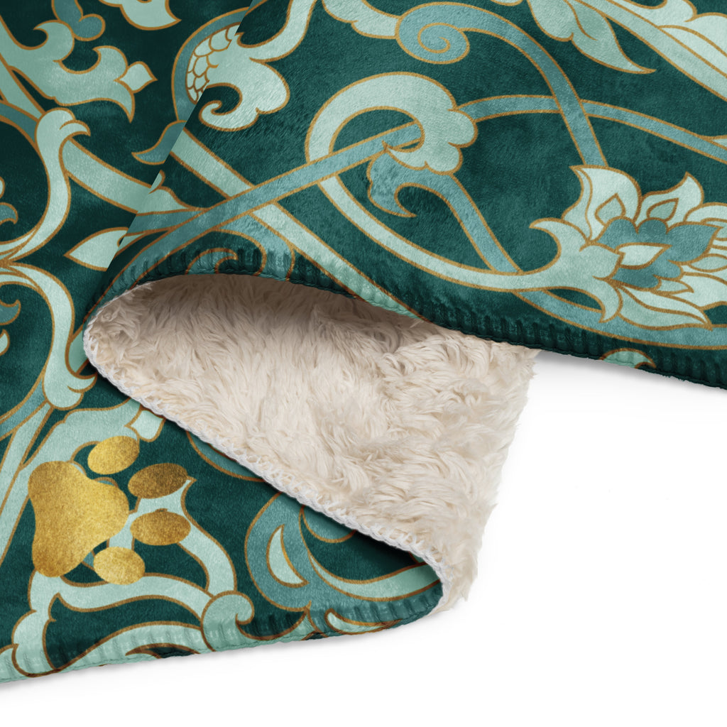 Sherpa blanket featuring a gold damask pattern with a small gold paw print in the corner, elegant Christian pet lover blanket by Pets N’ Faith