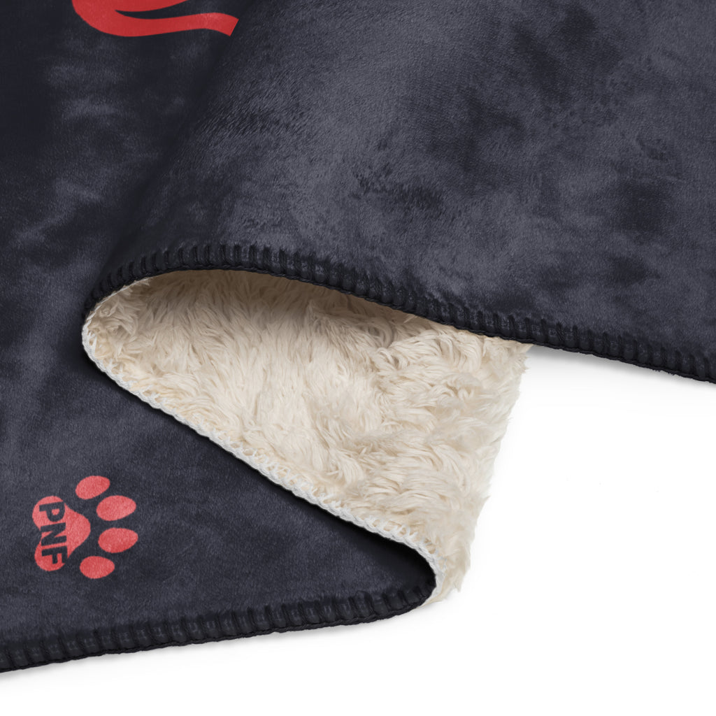 Charcoal blue sherpa blanket with the wording, " ASAP, Always Say a Prayer" in red and yellow lettering with two pet silhouettes.