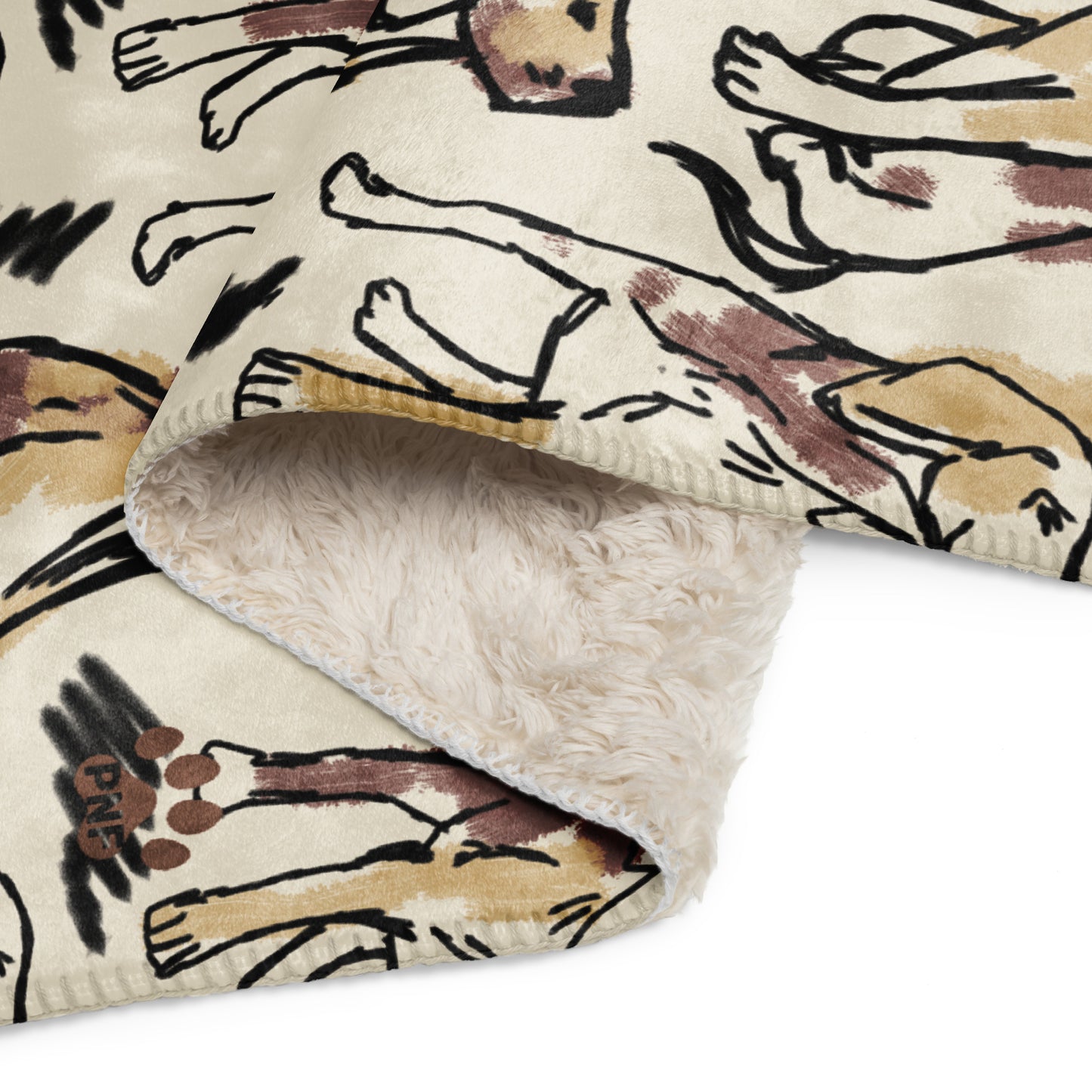 Cream sherpa blanket featuring illustrated dogs in gray, brown, and labrador patterns surrounded by geometric patterns, luxury dog lover home décor by Pets N’ Faith.
