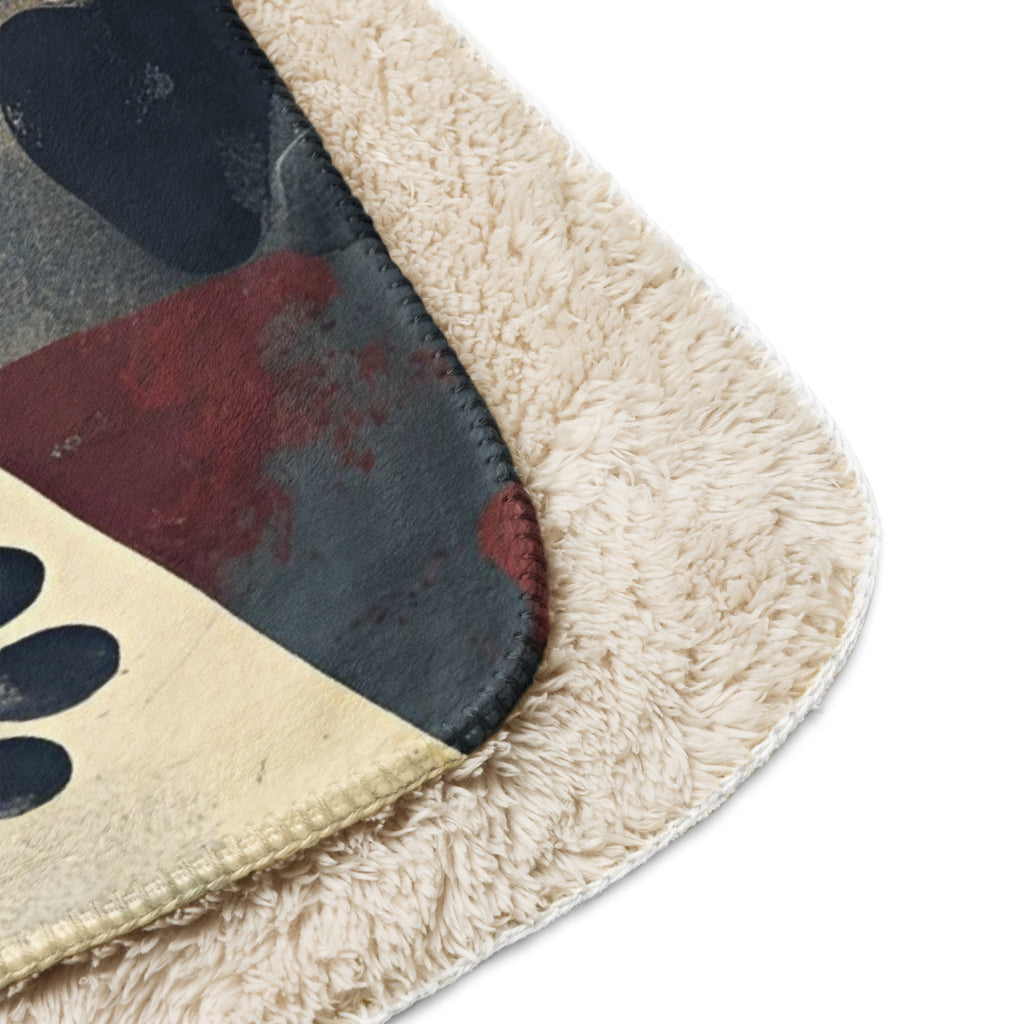 Close view of an abstract geometric shaped sherpa blanket with a cross and paw print design.