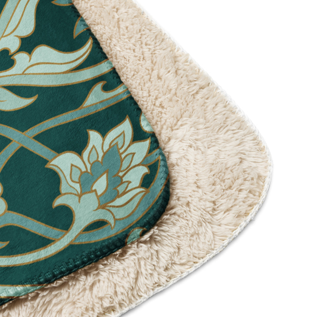 Sherpa blanket featuring a gold damask pattern with a small gold paw print in the corner, elegant Christian pet lover blanket by Pets N’ Faith