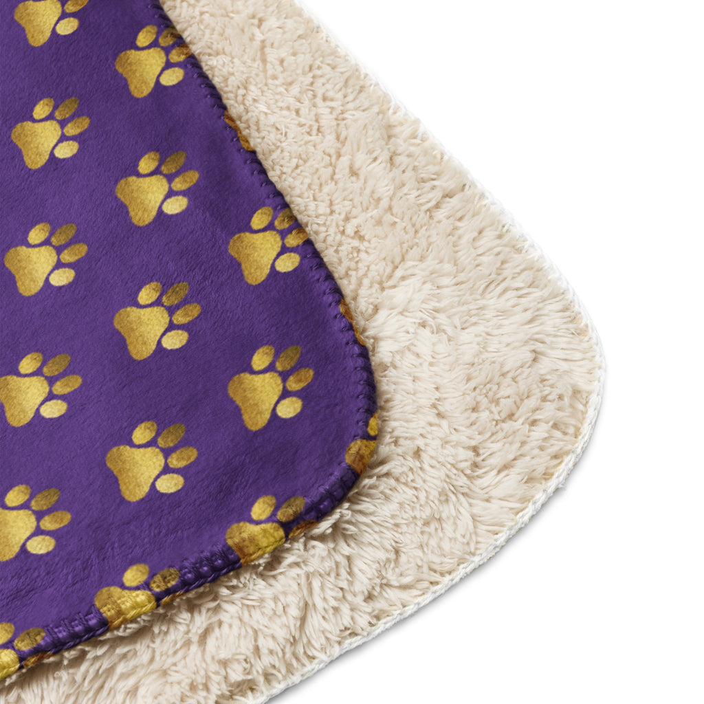Indigo sherpa blanket with gold paw print design for Pets N' Faith