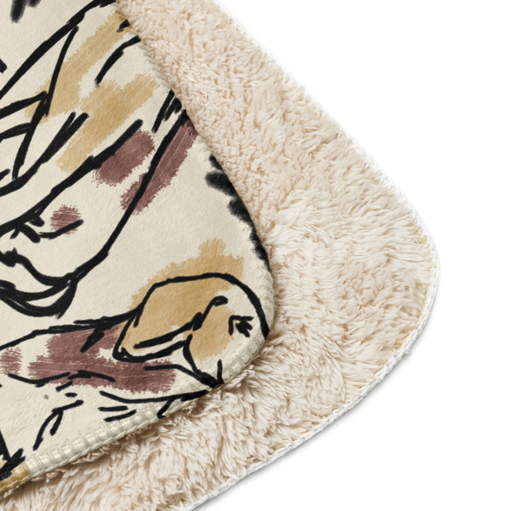 Cream sherpa blanket featuring illustrated dogs in gray, brown, and labrador patterns surrounded by geometric patterns, luxury dog lover home décor by Pets N’ Faith.