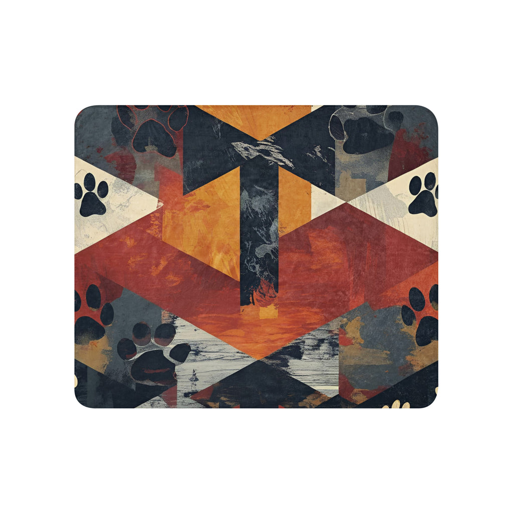 Flat view of an abstract geometric shaped sherpa blanket with a cross and paw print design.