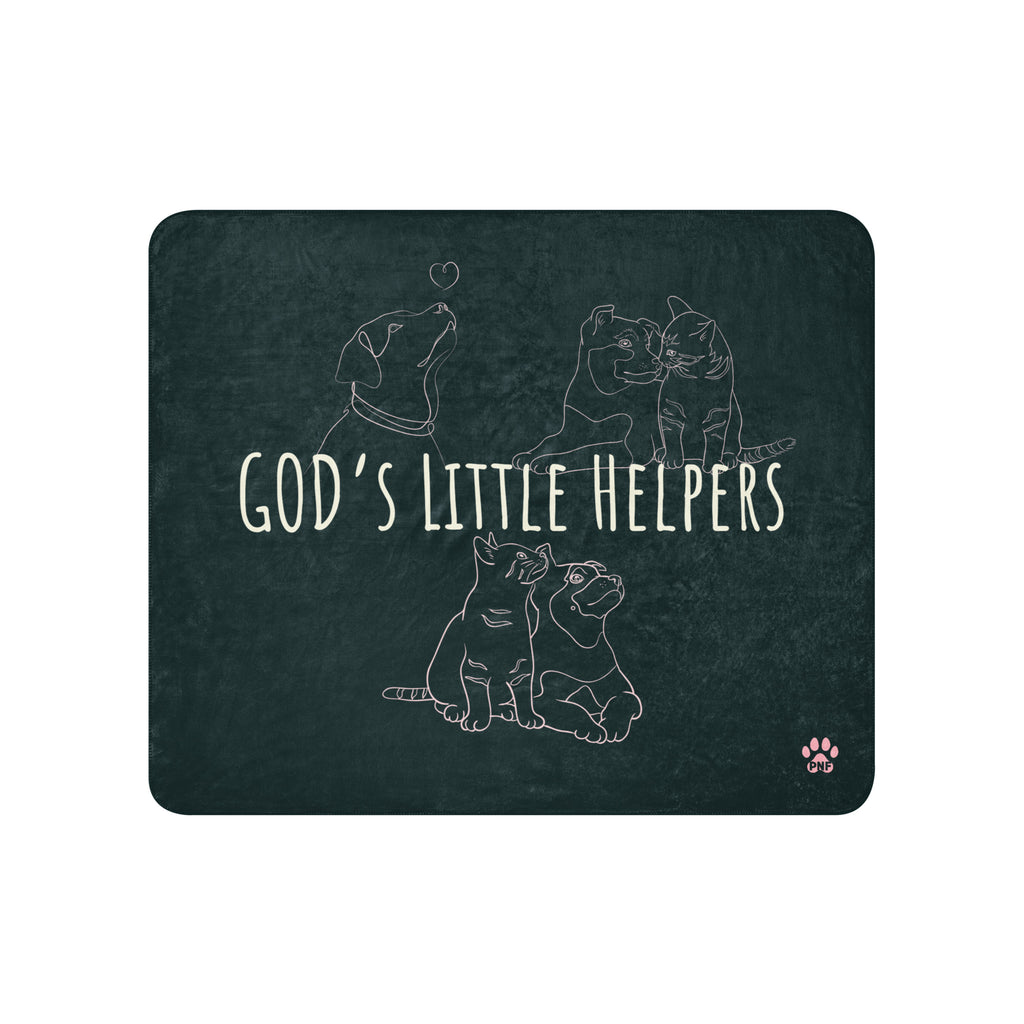 Front view of forest green sherpa blanket with pink drawings of cats and dogs with the phrase, " God's Little Helpers". 