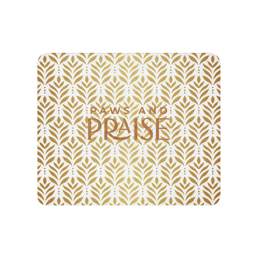 Sherpa blanket featuring a gold leaf pattern and “Paws and Praise” lettering in warm tones, a faith-inspired design that symbolizes gratitude, comfort, and the love between pets and their owners.