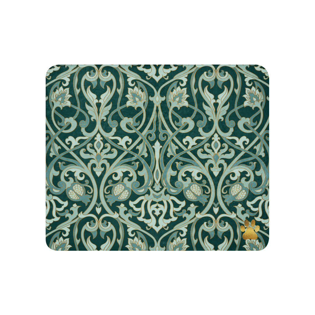 Sherpa blanket featuring a gold damask pattern with a small gold paw print in the corner, elegant Christian pet lover blanket by Pets N’ Faith