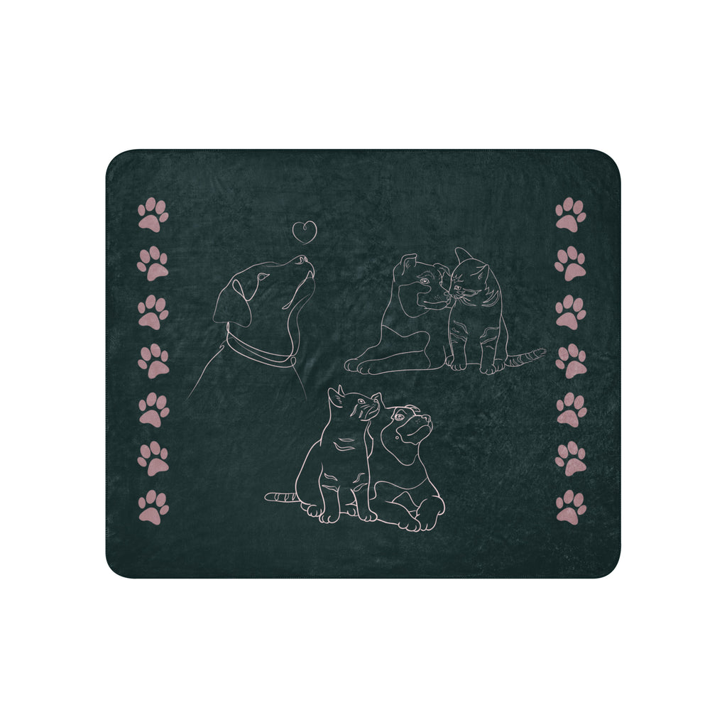 Front view of forest green sherpa blanket with pink drawings of cats and dogs with the phrase, " God's Little Helpers". 