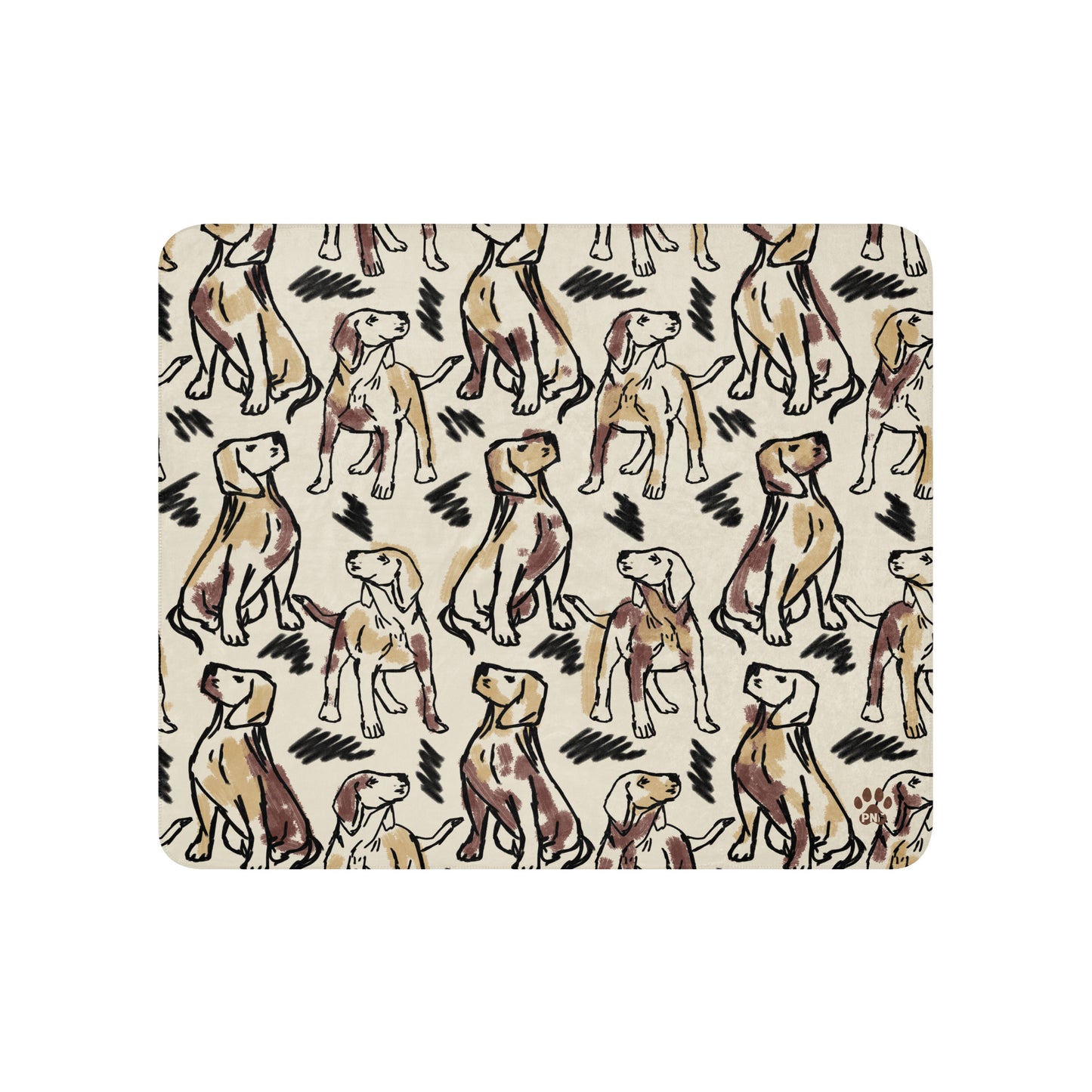Cream sherpa blanket featuring illustrated dogs in gray, brown, and labrador patterns surrounded by geometric patterns, luxury dog lover home décor by Pets N’ Faith.