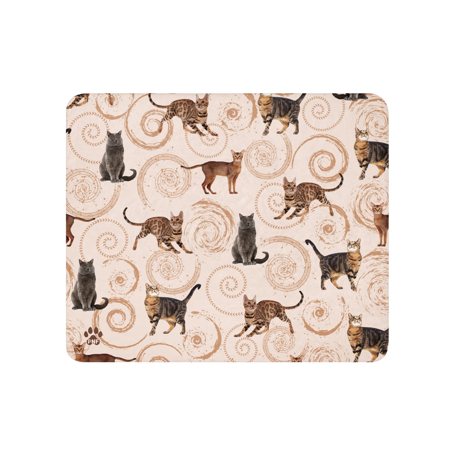Cream sherpa blanket featuring illustrated cats in gray, brown, and tabby patterns surrounded by spiral swirls, luxury cat lover home décor by Pets N’ Faith.