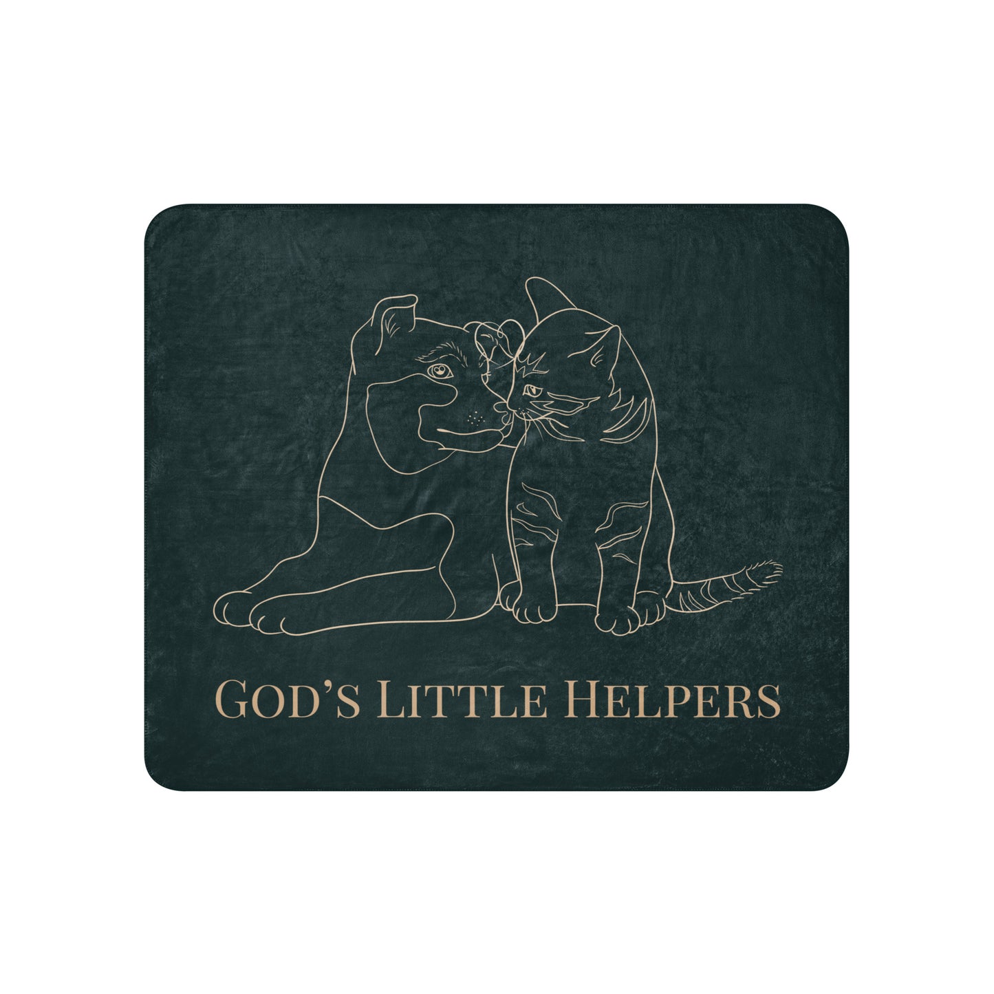 Dark green mat with a white line drawing of two cats and 'God's Little Helpers' text.