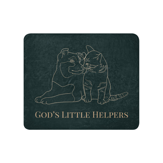 Dark green mat with a white line drawing of two cats and 'God's Little Helpers' text.