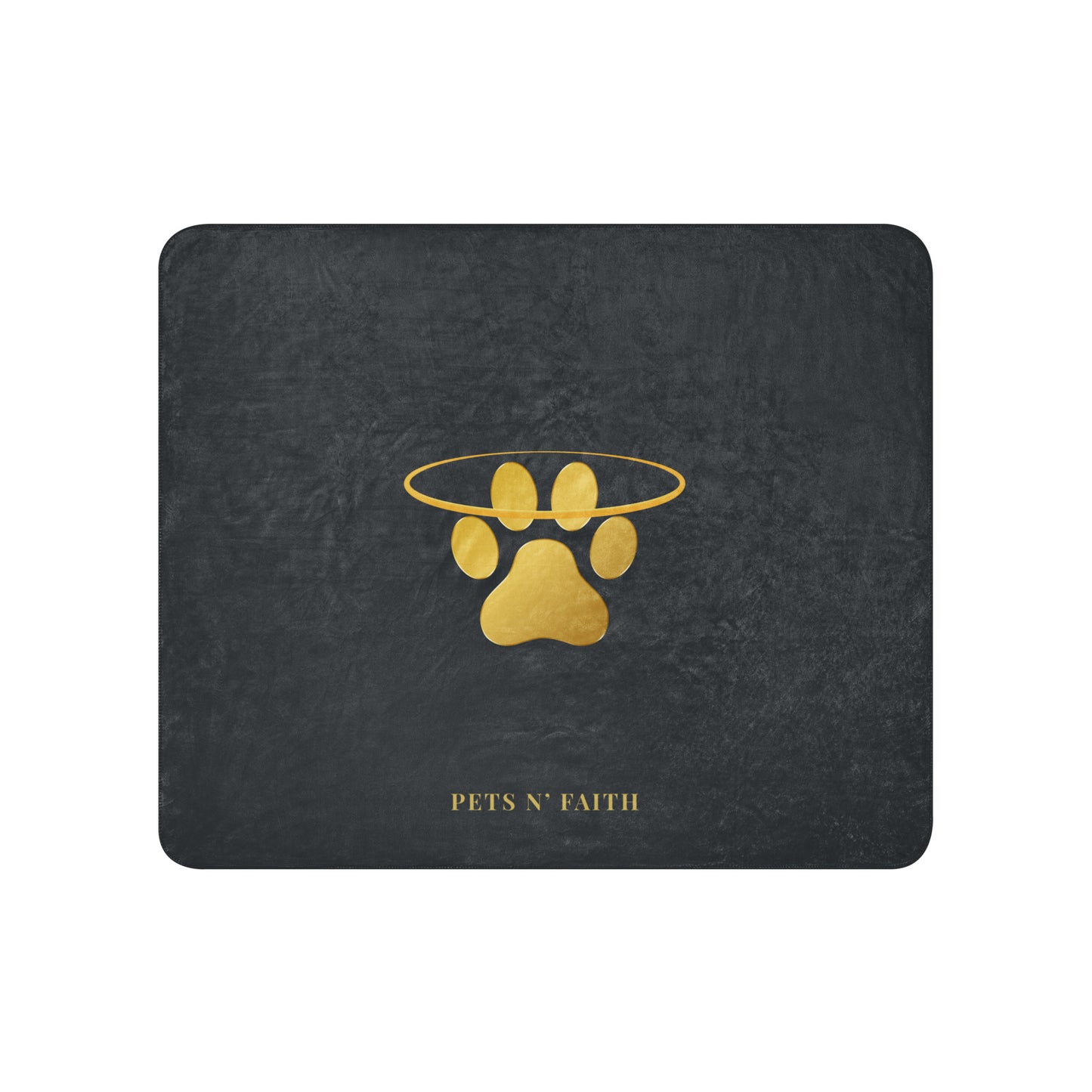 Black mouse pad with gold paw print design and 'Pets N' Faith' text on a white background