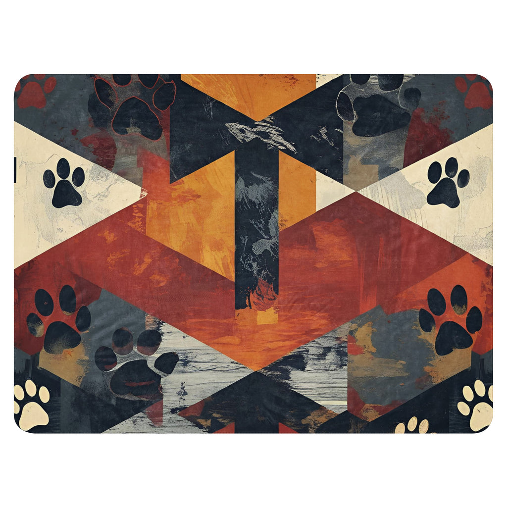 Flat view of an abstract geometric shaped sherpa blanket with a cross and paw print design.