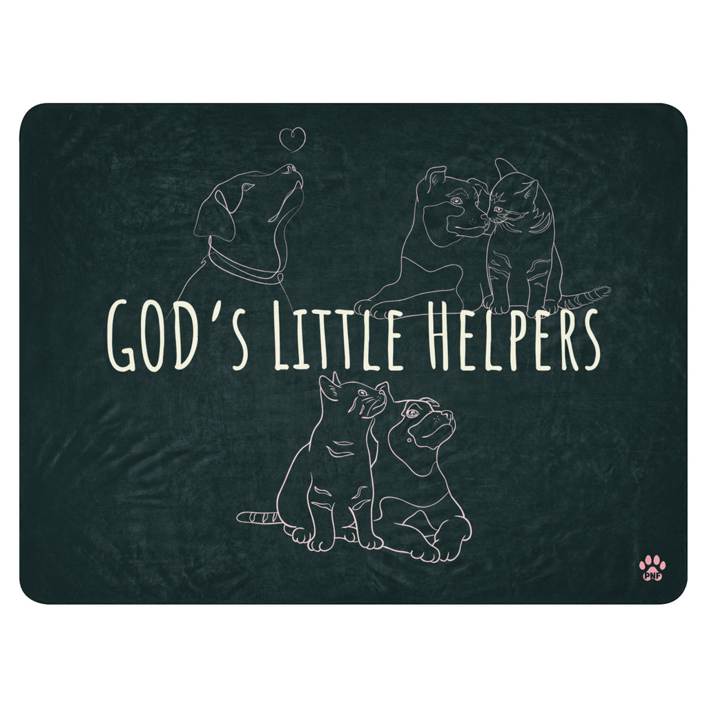 Front view of forest green sherpa blanket with pink drawings of cats and dogs with the phrase, " God's Little Helpers". 