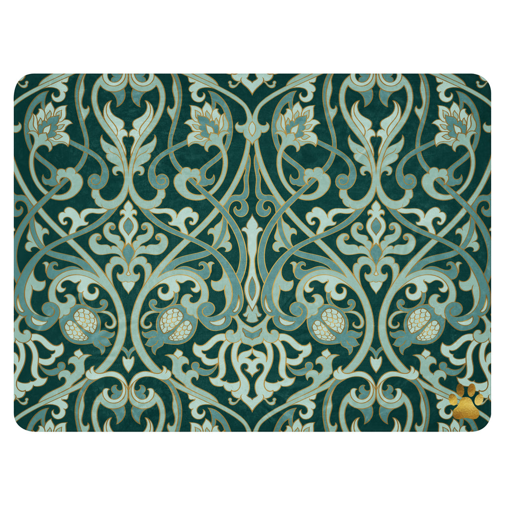 Sherpa blanket featuring a gold damask pattern with a small gold paw print in the corner, elegant Christian pet lover blanket by Pets N’ Faith