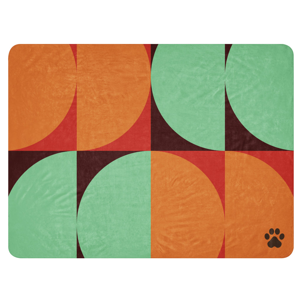 Sherpa blanket with orange, teal, and red geometric mid-century design featuring a black paw print in the corner, Pets N’ Faith faith-inspired throw