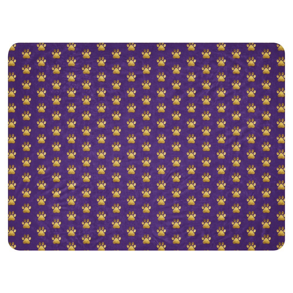 Indigo sherpa blanket with gold paw print design for Pets N' Faith