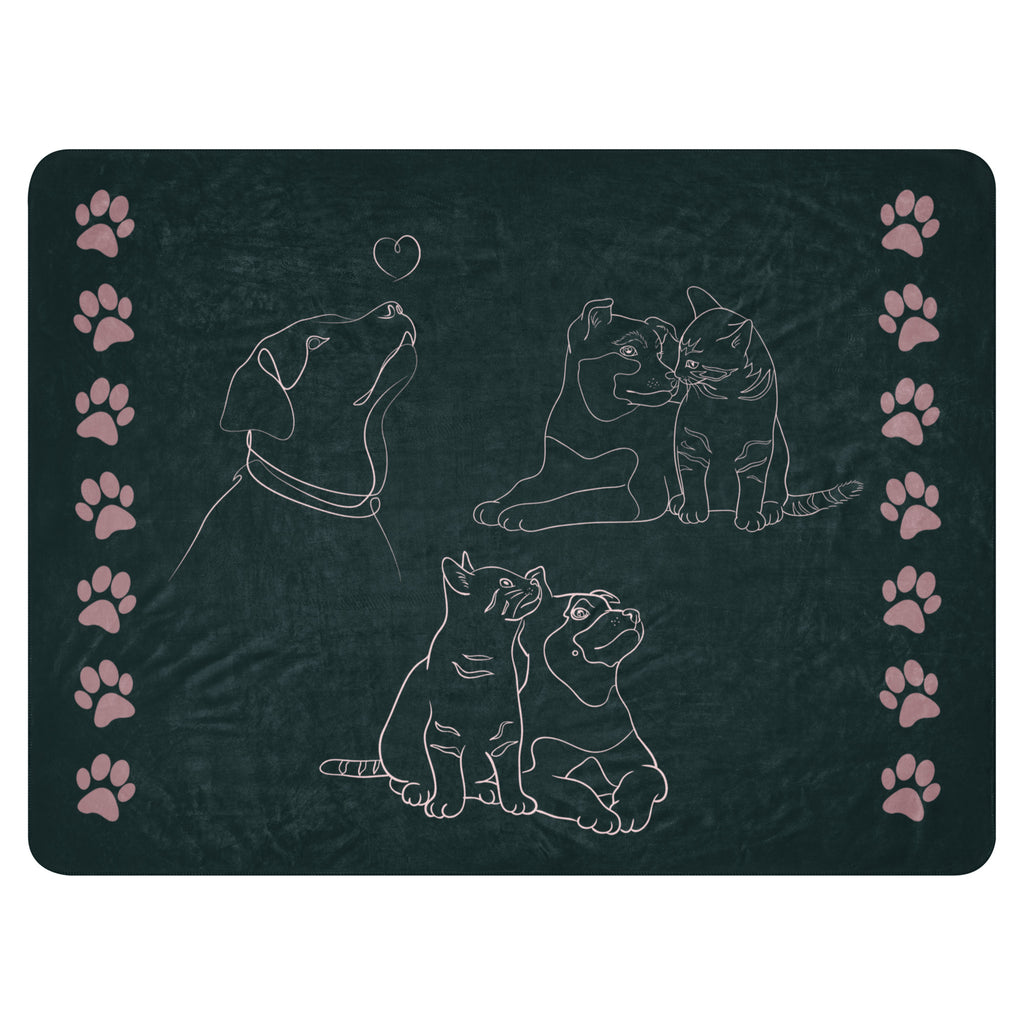 Front view of forest green sherpa blanket with pink drawings of cats and dogs with the phrase, " God's Little Helpers". 