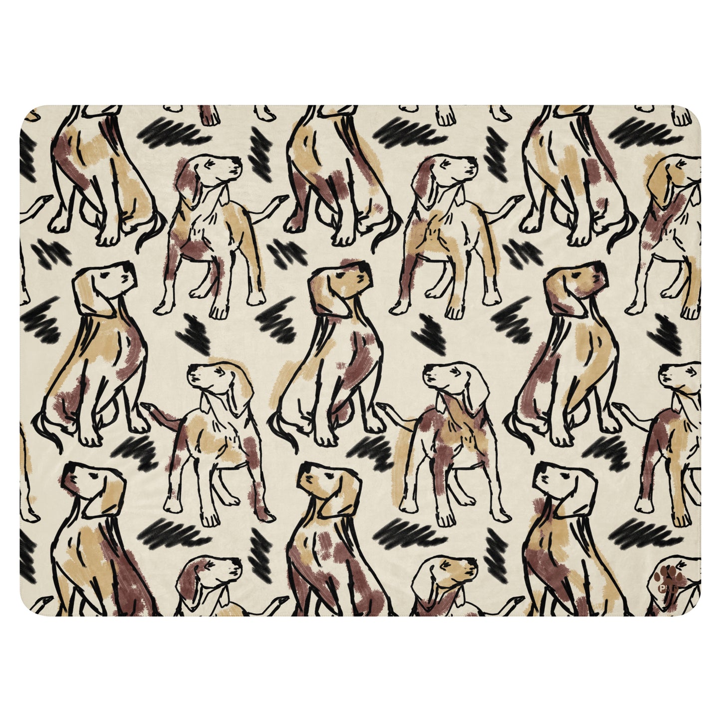 Cream sherpa blanket featuring illustrated dogs in gray, brown, and labrador patterns surrounded by geometric patterns, luxury dog lover home décor by Pets N’ Faith.