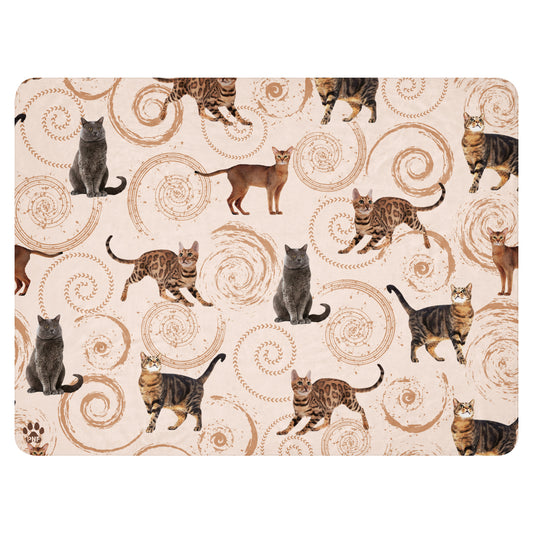 Cream sherpa blanket featuring illustrated cats in gray, brown, and tabby patterns surrounded by spiral swirls, luxury cat lover home décor by Pets N’ Faith.