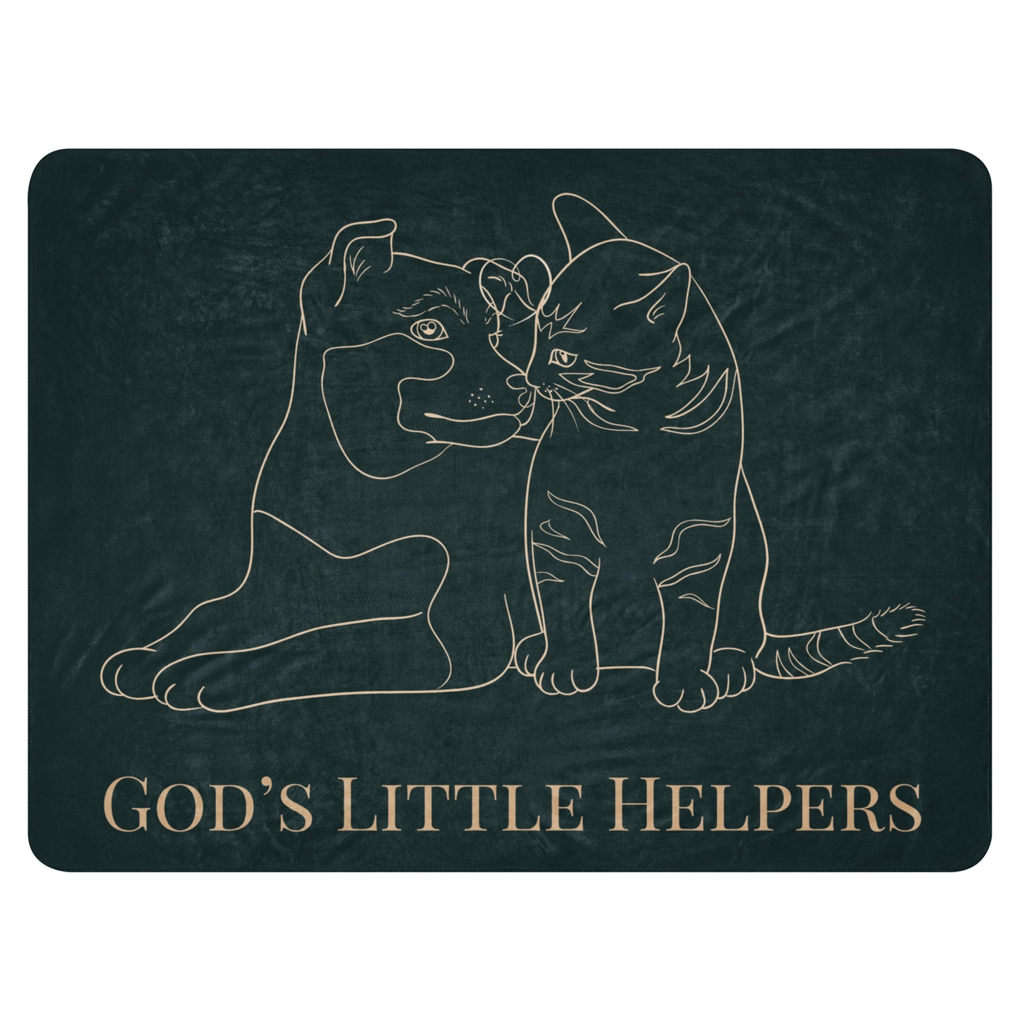 Design of a lion and a cat with 'God's Little Helpers' text on a dark background