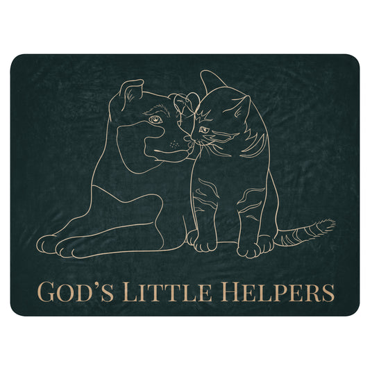 Design of a lion and a cat with 'God's Little Helpers' text on a dark background