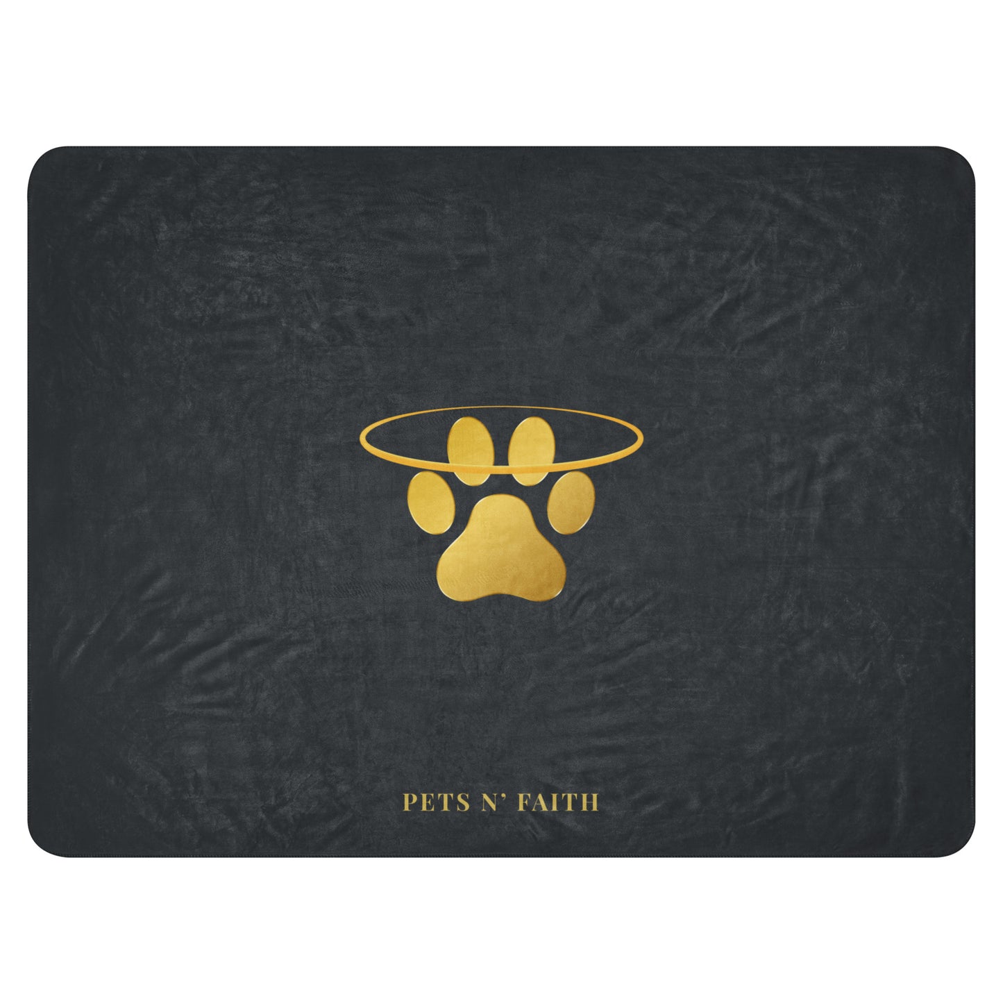 Black mat with gold paw print design and 'PETS N' FAITH' text on a white background