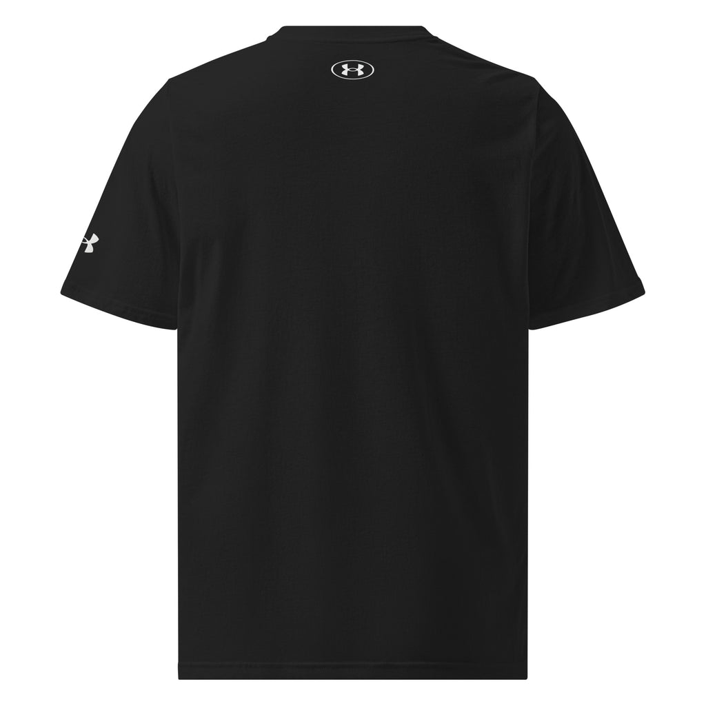 Back view of black Under Armour Pets N’ Faith Performance T-Shirt with Under Armour logo at neckline