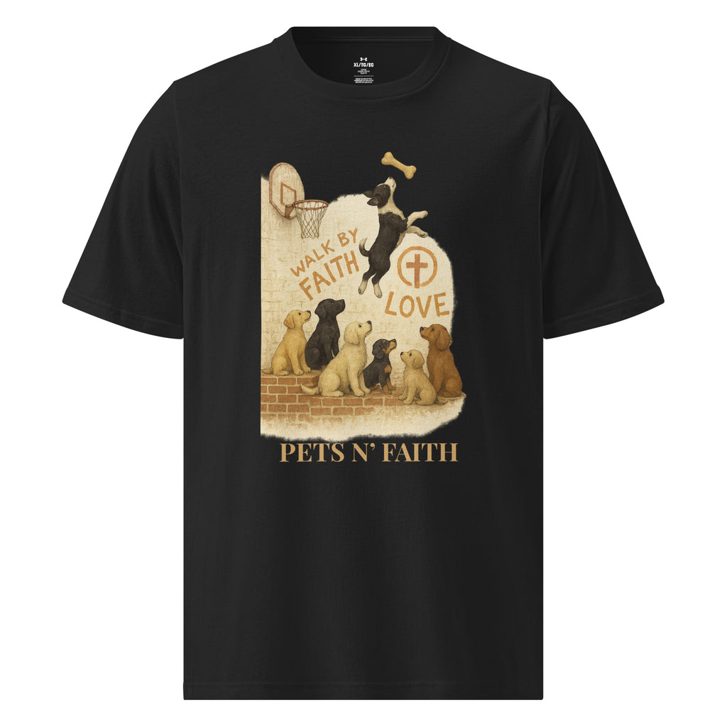 Front view of black Under Armour Pets N’ Faith Performance T-Shirt with “Walk by Faith and Love” design with the Pets N' Faith gold text below the graphic.