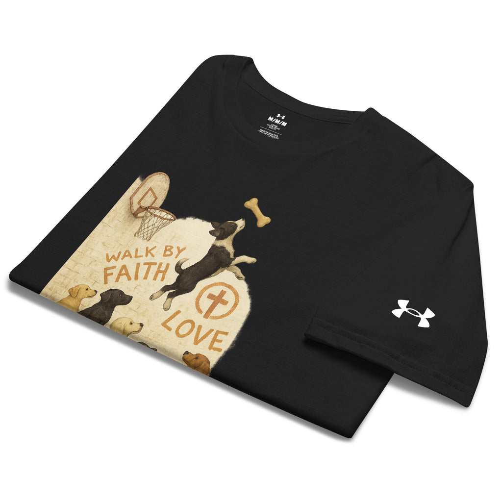 Folded black Under Armour Pets N’ Faith Performance T-Shirt with “ Walk by Faith and Love” design and Under Armour sleeve logo