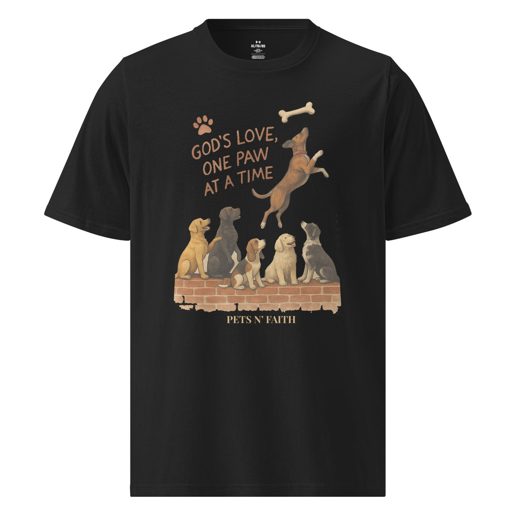 Front view of black Under Armour Pets N’ Faith Performance T-Shirt with “God's Love, One Paw at A Time” design