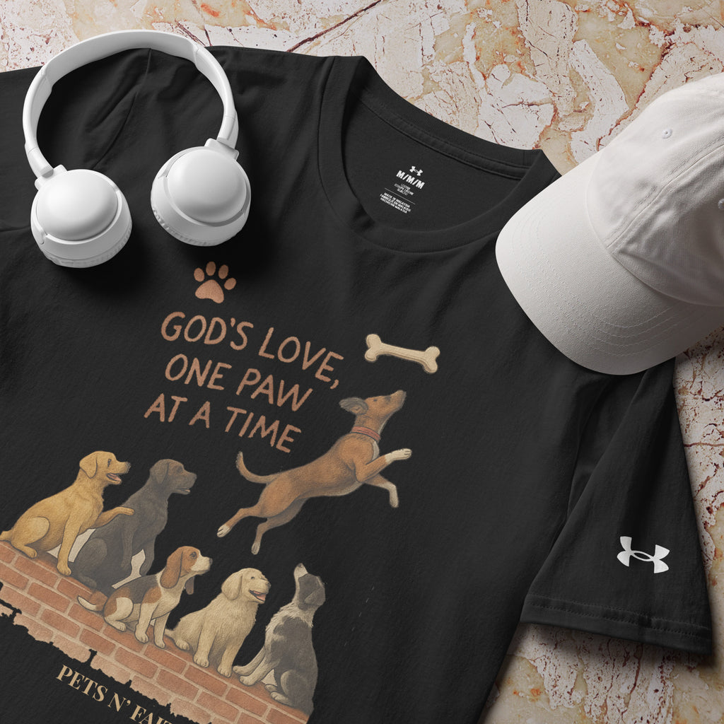 Close-up of black Under Armour Pets N’ Faith Performance T-Shirt with “ God's Love, One Paw at A Time” design, next to a white hat and white headphones.