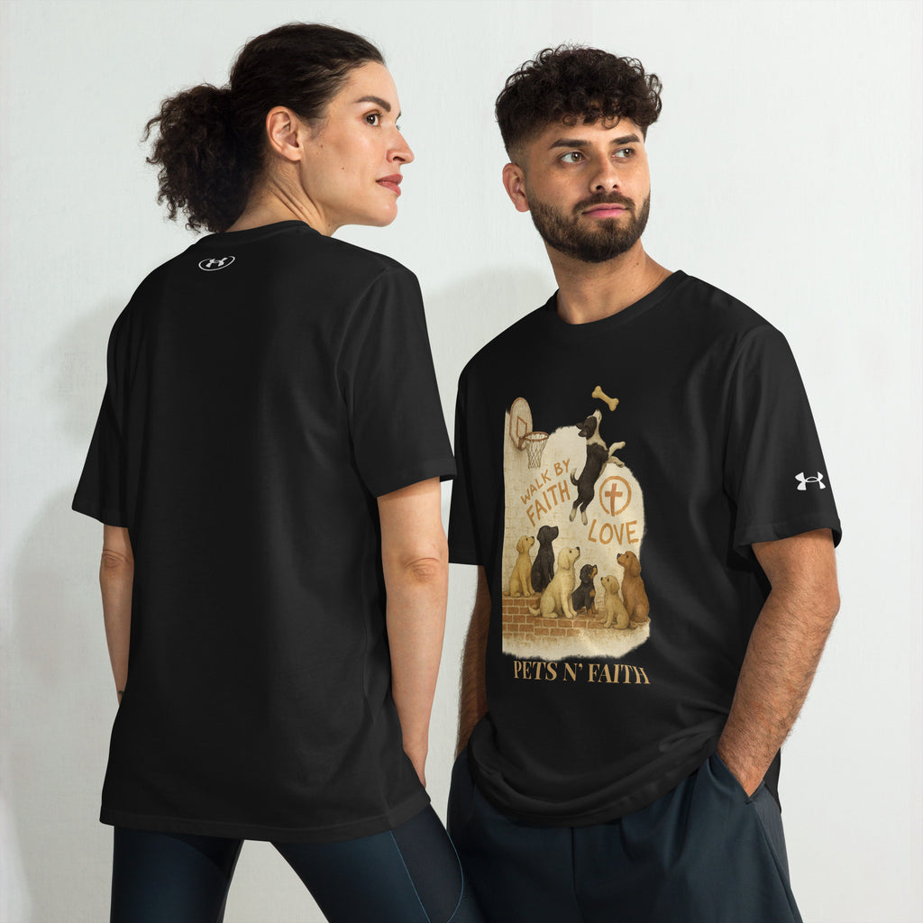 Man and woman wearing black Under Armour Pets N’ Faith Performance T-Shirts, front and back view