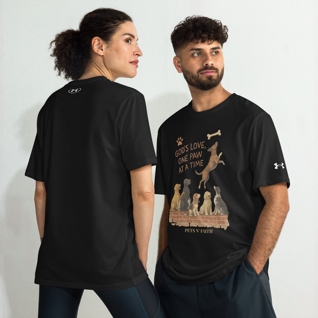 Man and woman wearing black Under Armour Pets N’ Faith Performance T-Shirts, front and back view
