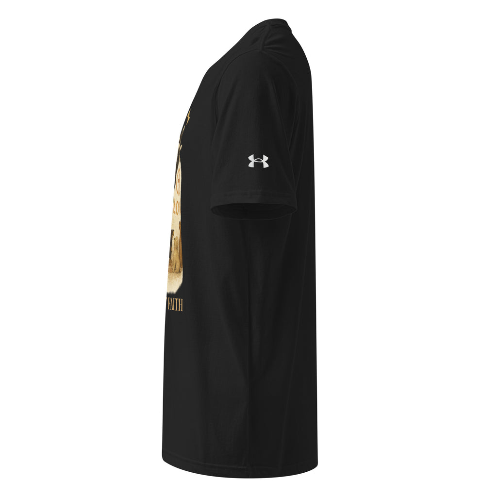 Left side view of black Under Armour Pets N’ Faith Performance T-Shirt with Under Armour sleeve logo