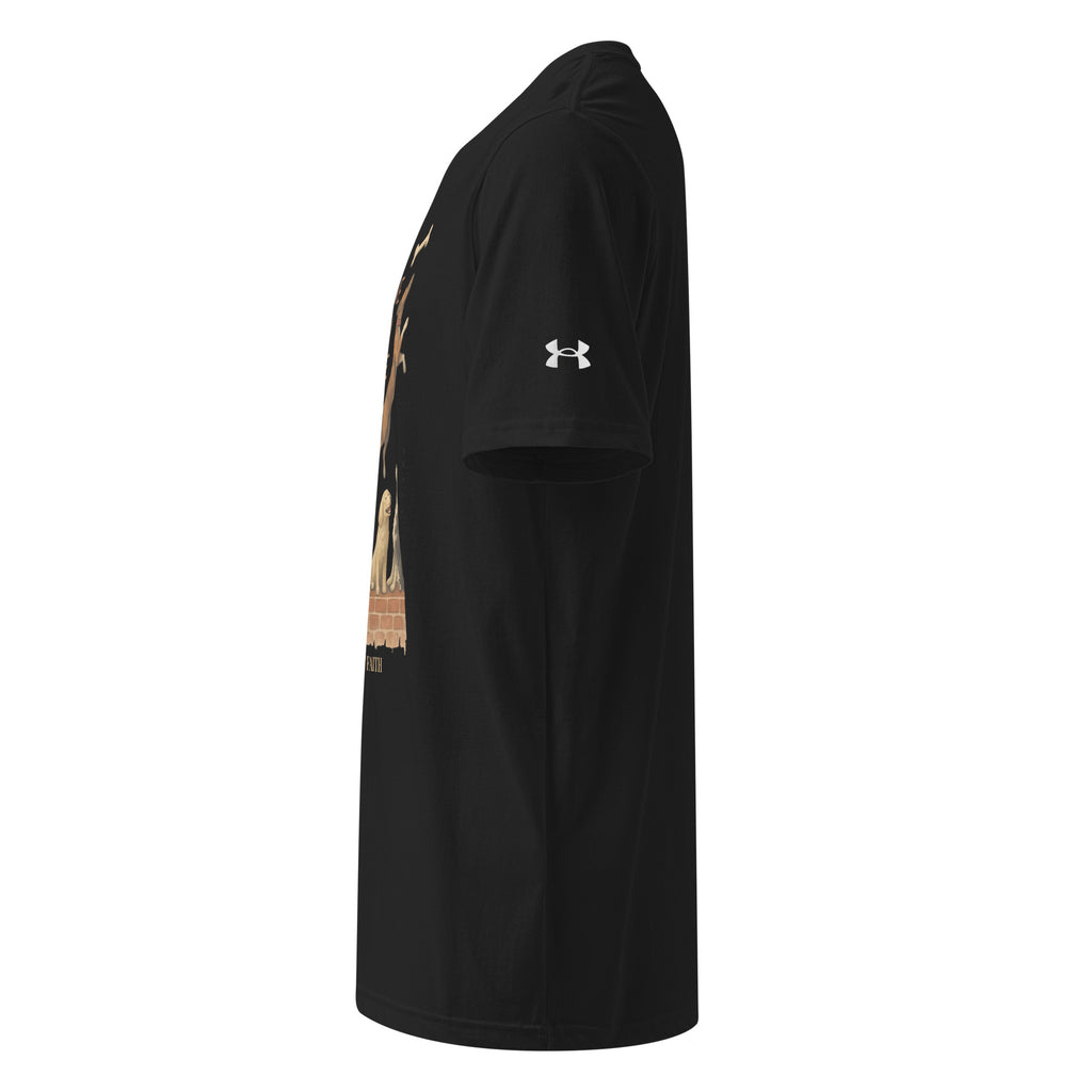 Left side view of black Under Armour Pets N’ Faith Performance T-Shirt with Under Armour sleeve logo
