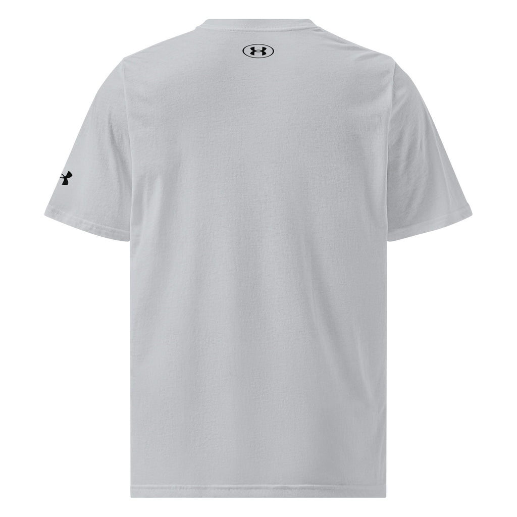 Back view of light gray Under Armour Pets N’ Faith Performance T-Shirt with Under Armour logo at neckline.