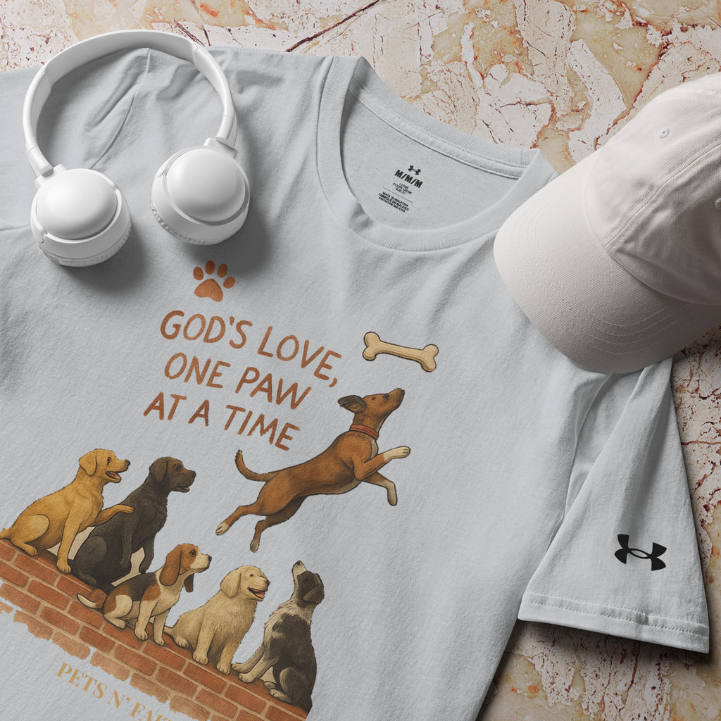 Close-up of light gray Under Armour Pets N’ Faith Performance T-Shirt with “God's Love, One Paw at A Time” design, next to a white hat and white headphones.