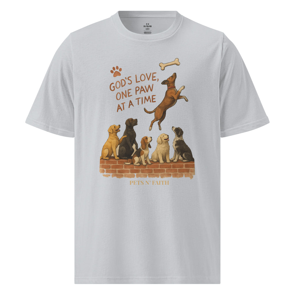 Front view of light gray Under Armour Pets N’ Faith Performance T-Shirt with “God's Love, One Paw at A Time" design.