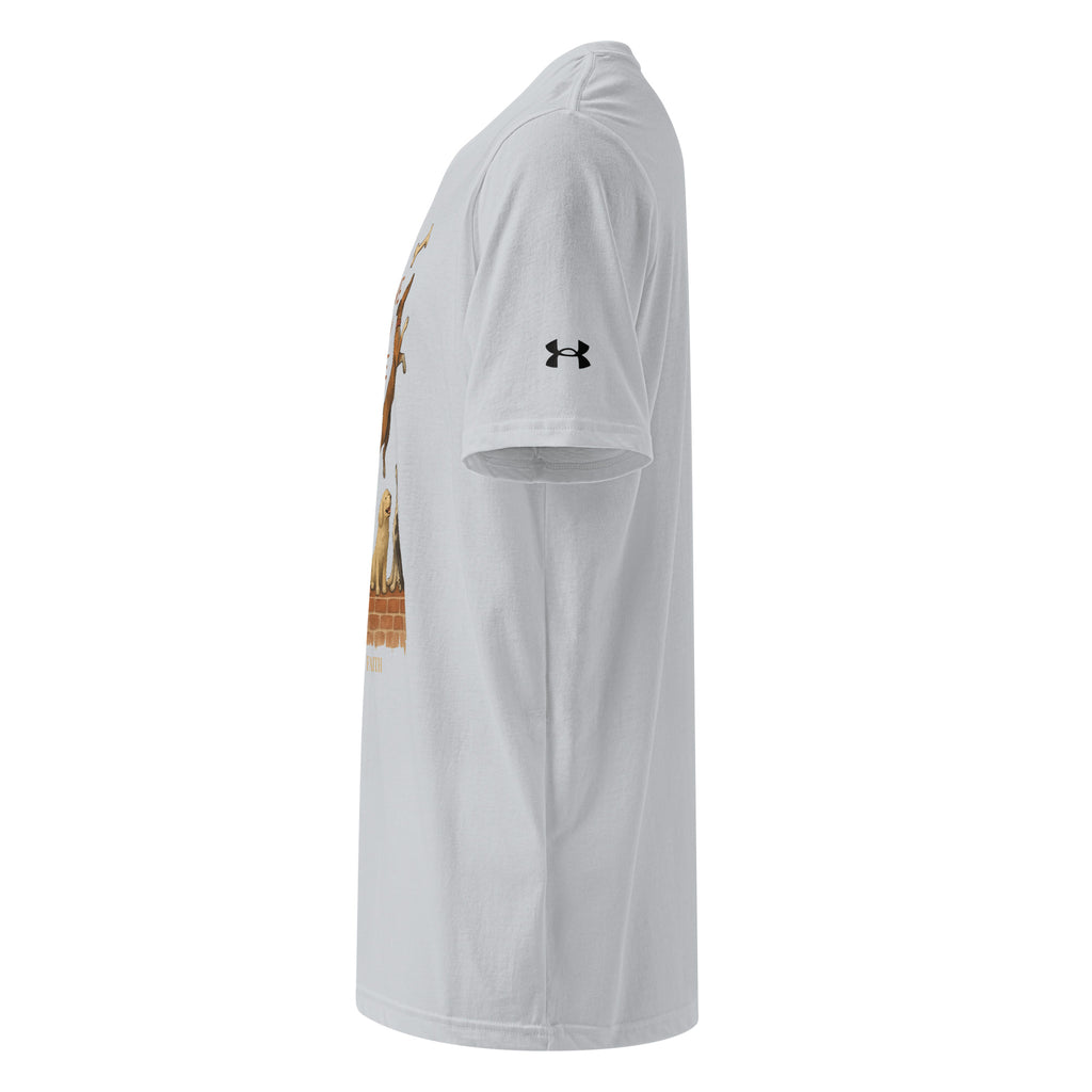 Left side view of light gray Under Armour Pets N’ Faith Performance T-Shirt with Under Armour sleeve logo